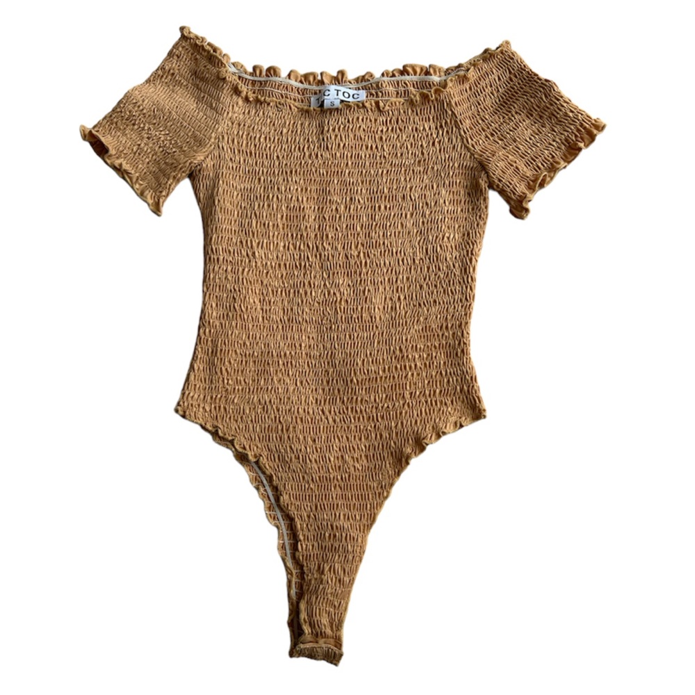 Tic Toc Off The Shoulder Smocked Mustard Bodysuit - Small